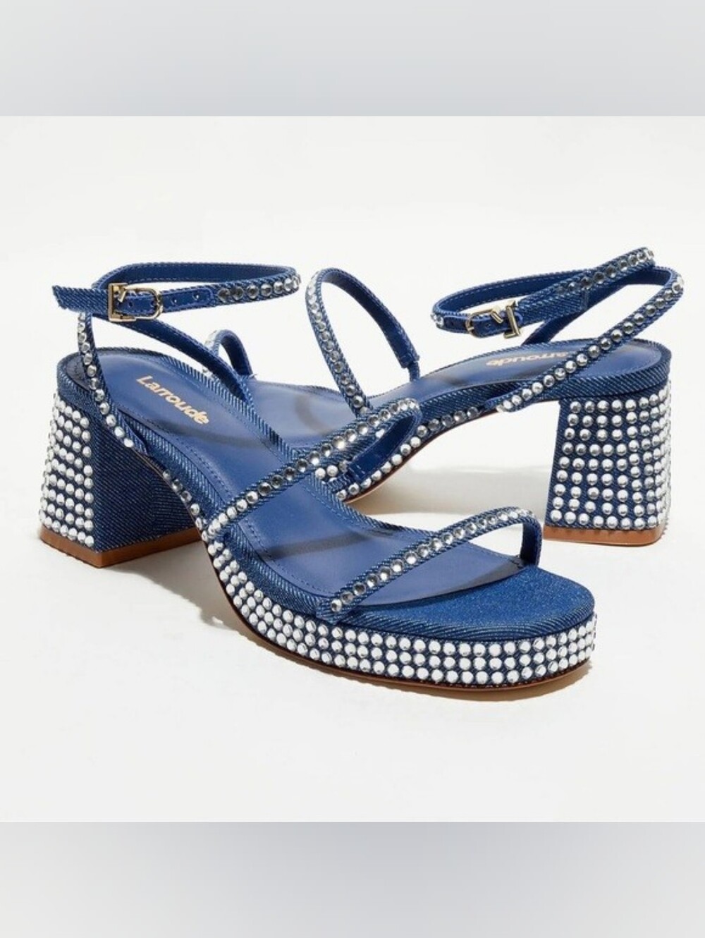Larroude Brigitte Women's 8 Blue Denim Crystal Platform Block Heel Sandals EUC